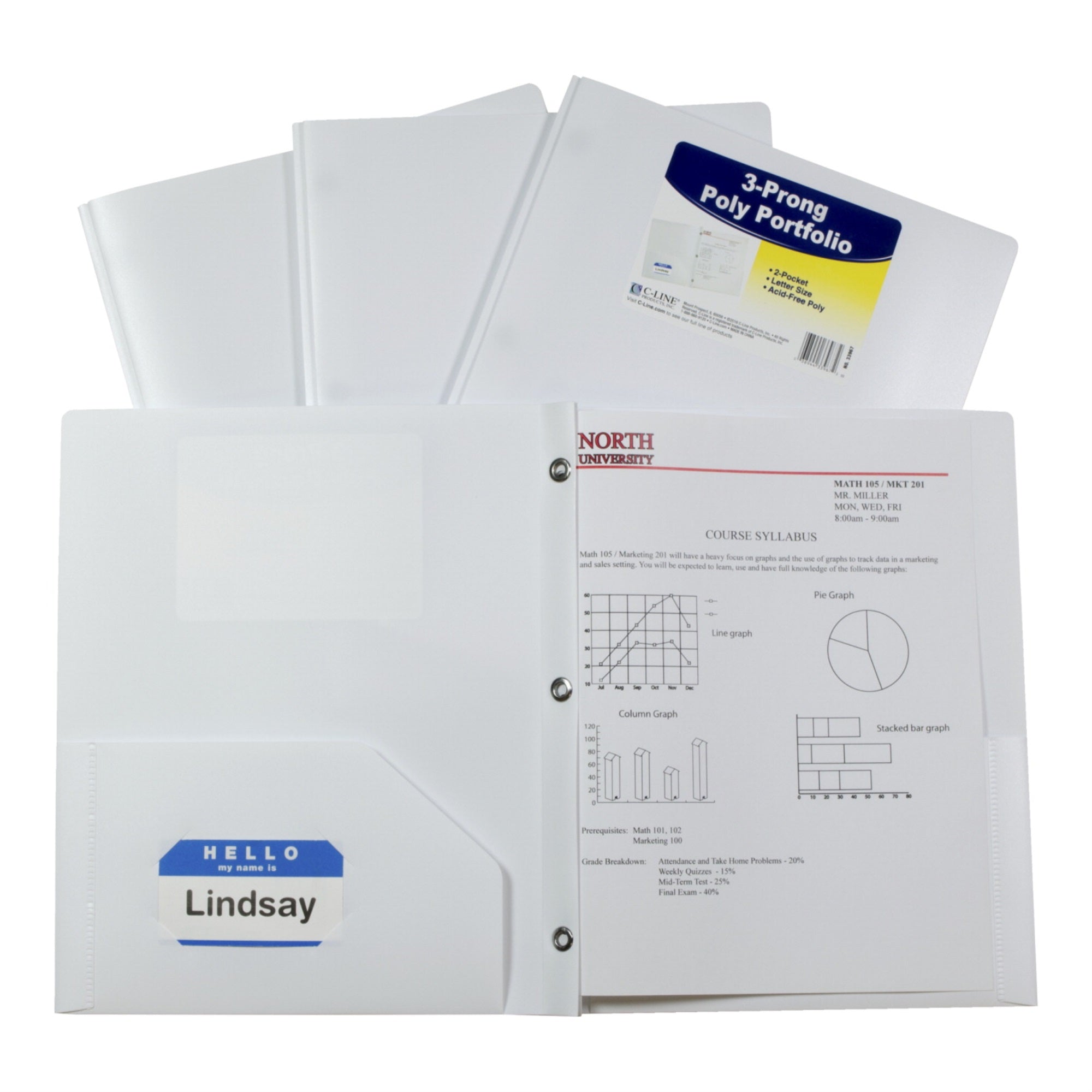 C-Line Poly Portfolio Folder With Prongs, Letter, 2-Pocket, White, Pack Of 25