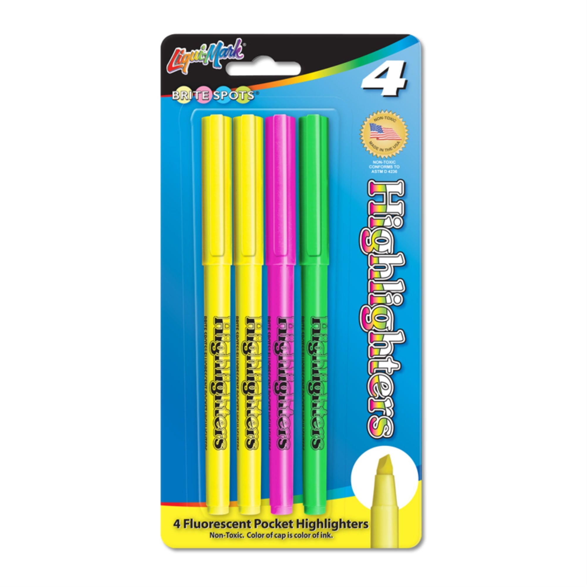 4Pk Brite Spots Fluorescent Broadline Pocket Highlighters, Chisel Tip, - Assorted Colors Usa Made