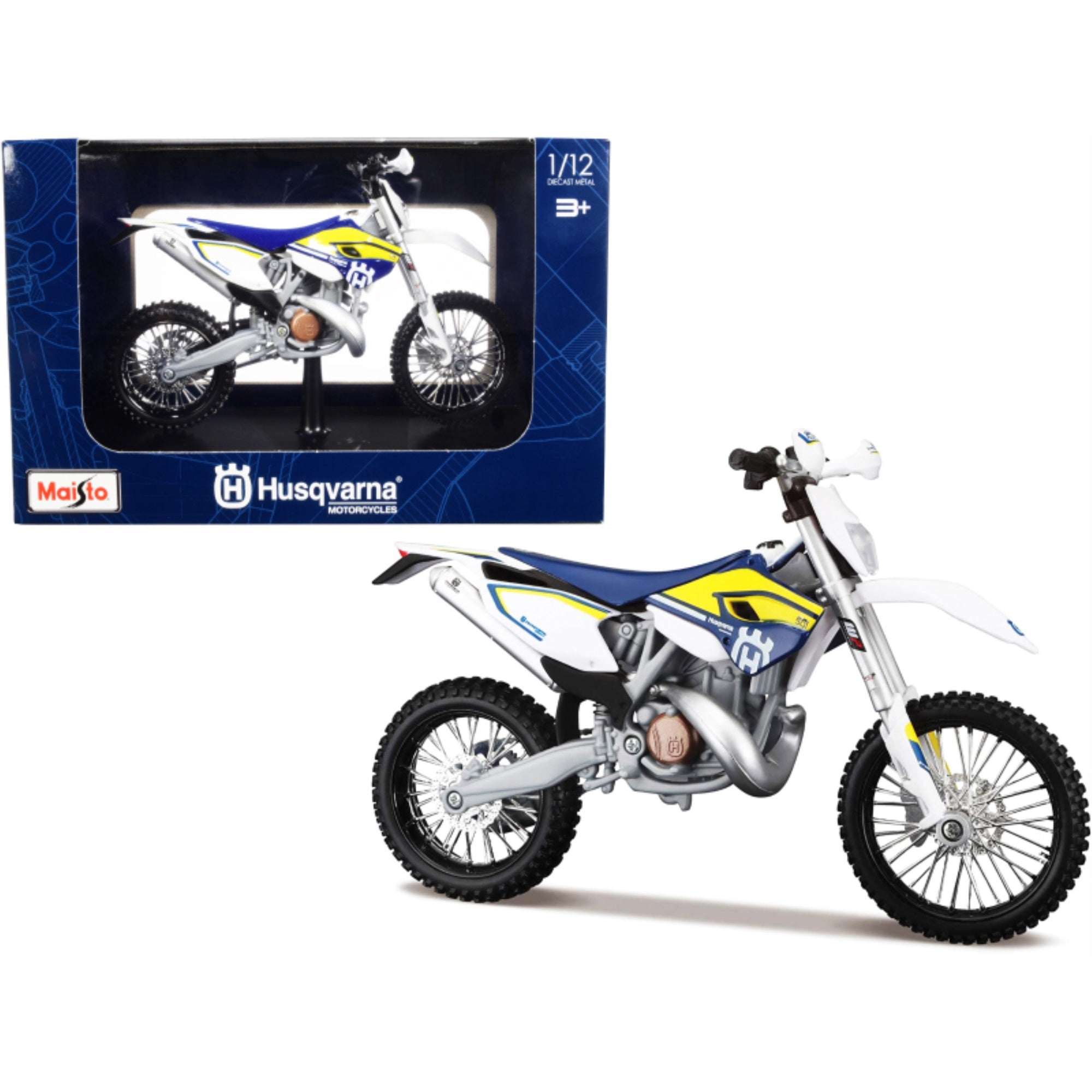 Husqvarna Fe 501 White And Blue With Yellow Stripes 1/12 Diecast Motorcycle Model By Maisto