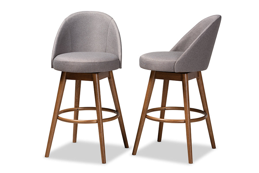 Baxton Studio Carra Mid-Century Modern Grey Fabric Upholstered Walnut-Finished Wood Swivel Bar Stool (Set Of 2)