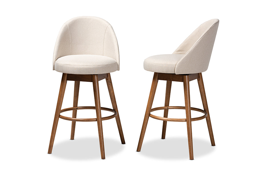 Baxton Studio Carra Mid-Century Modern Light Beige Fabric Upholstered Walnut-Finished Wood 2-Piece Swivel Bar Stool Set