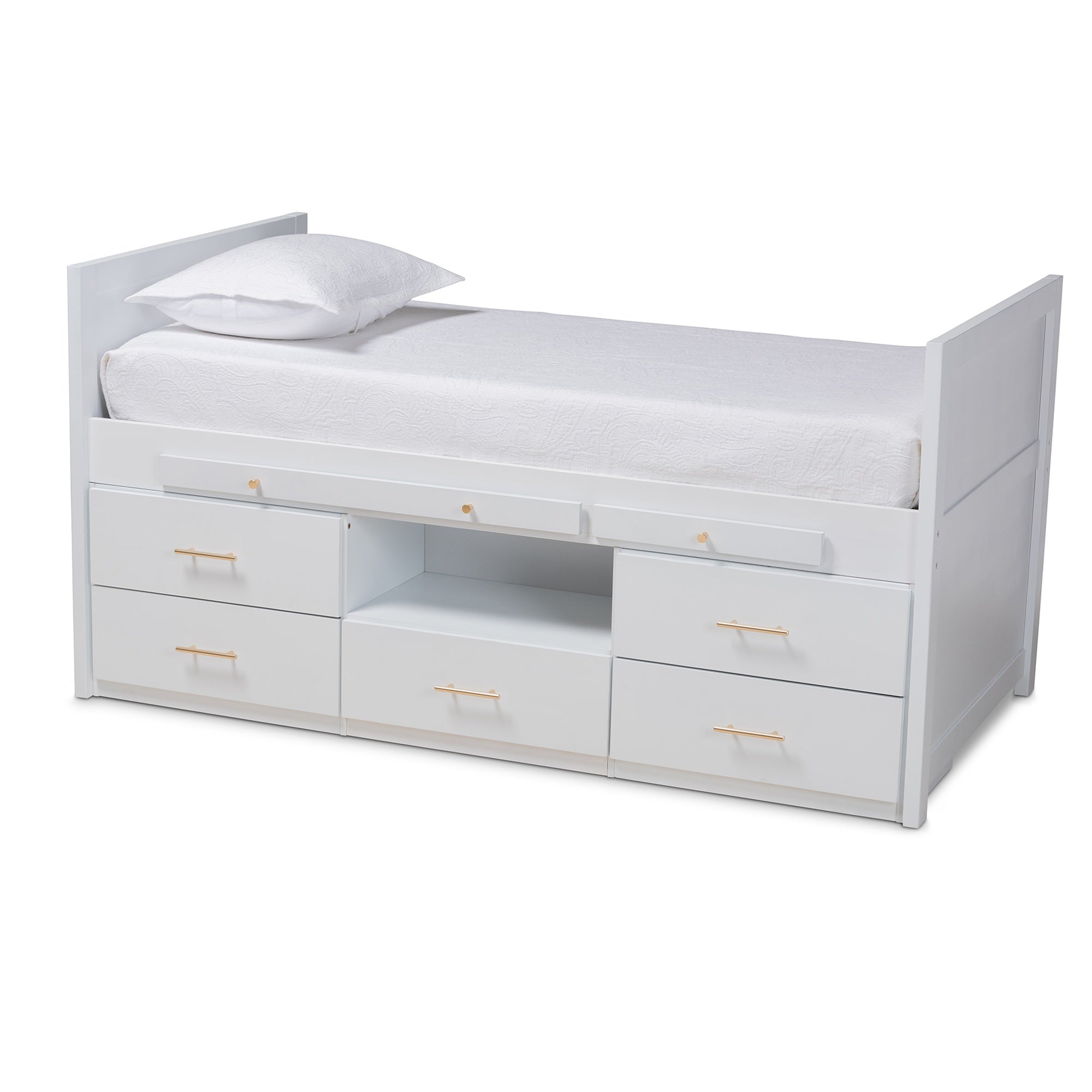Baxton Studio Mirza Modern And Contemporary White Finished Wood 5-Drawer Twin Size Storage Bed With Pull-Out Desk