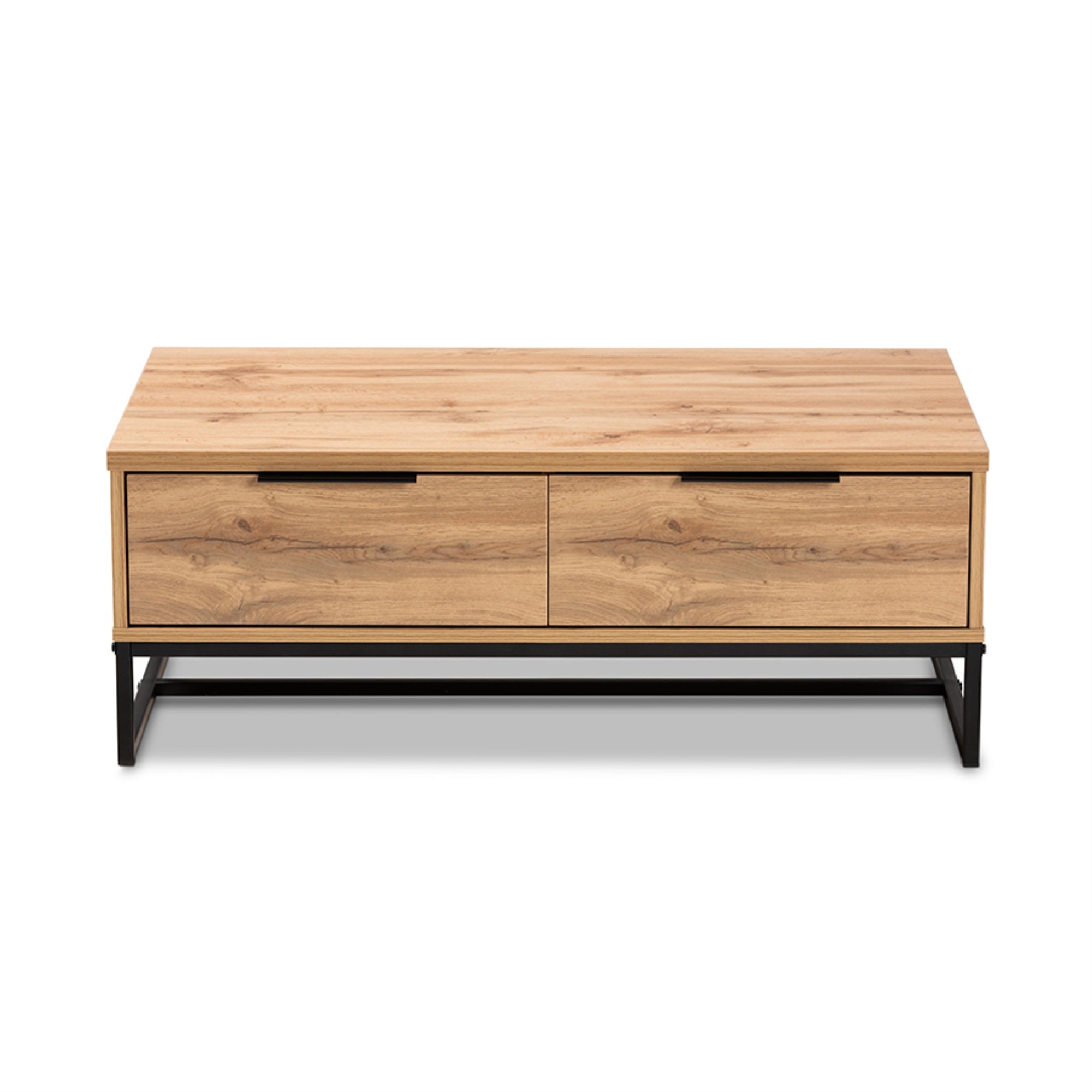 Baxton Studio Franklin Modern And Contemporary Oak Brown Finished Wood And Black Finished Metal 2-Drawer Coffee Table