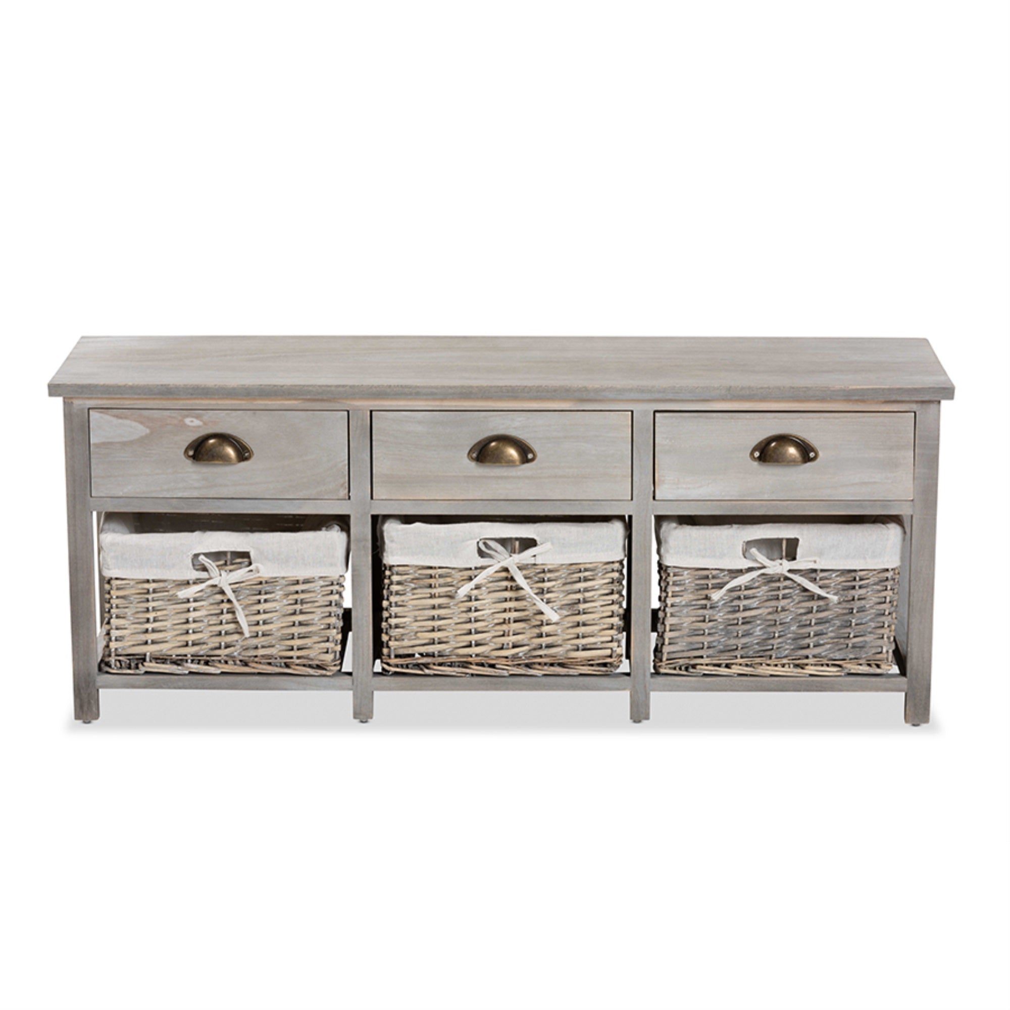 Baxton Studio Mabyn Modern And Contemporary Light Grey Finished Wood 3-Drawer Storage Bench With Baskets