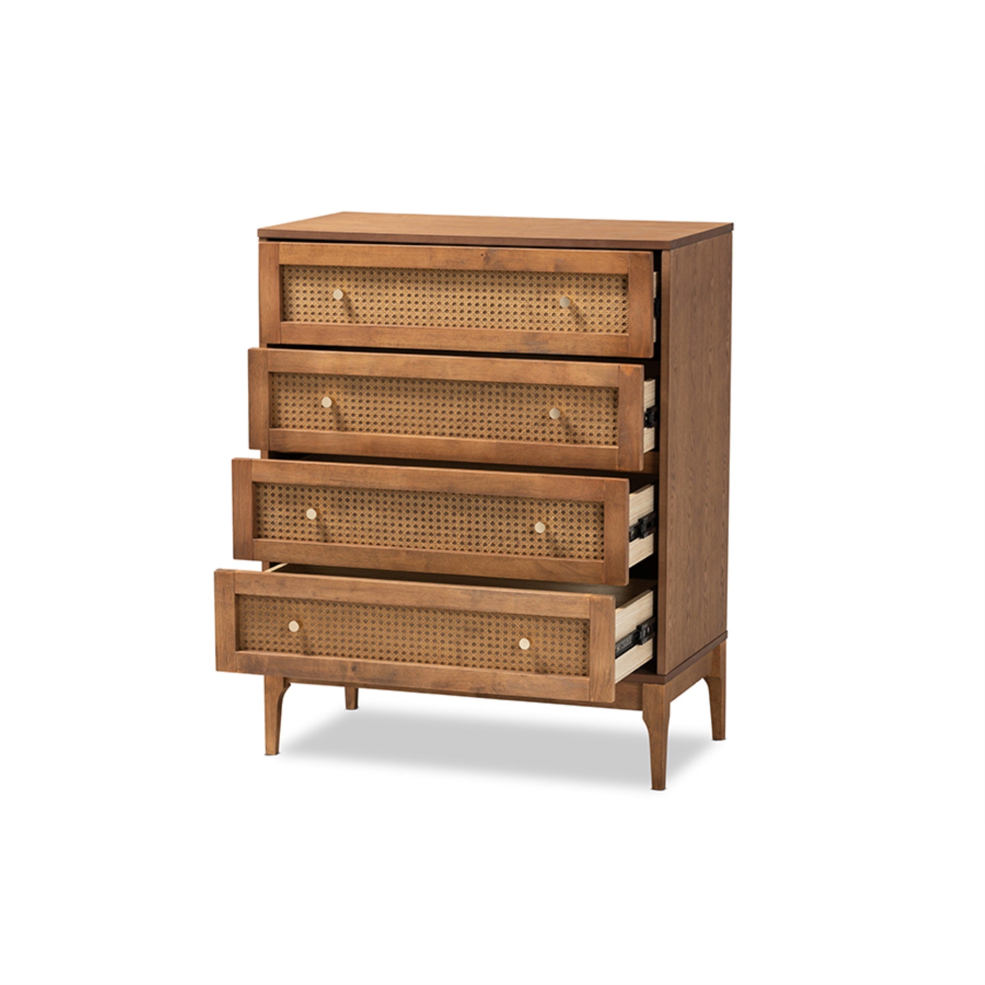 Baxton Studio Ramiel Mid-Century Modern Ash Walnut Finished Wood And Rattan 4-Drawer Chest