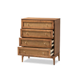 Baxton Studio Ramiel Mid-Century Modern Ash Walnut Finished Wood And Rattan 4-Drawer Chest