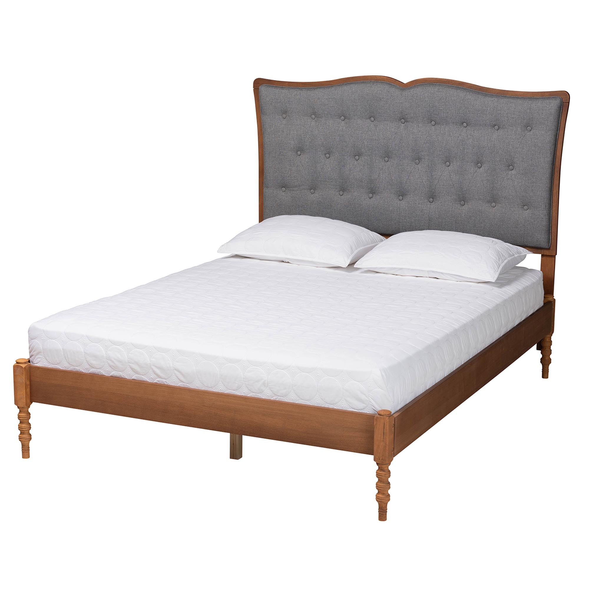 Baxton Studio Ballari Classic And Traditional Grey Fabric And Walnut Brown Finished Wood Queen Size Platform Bed