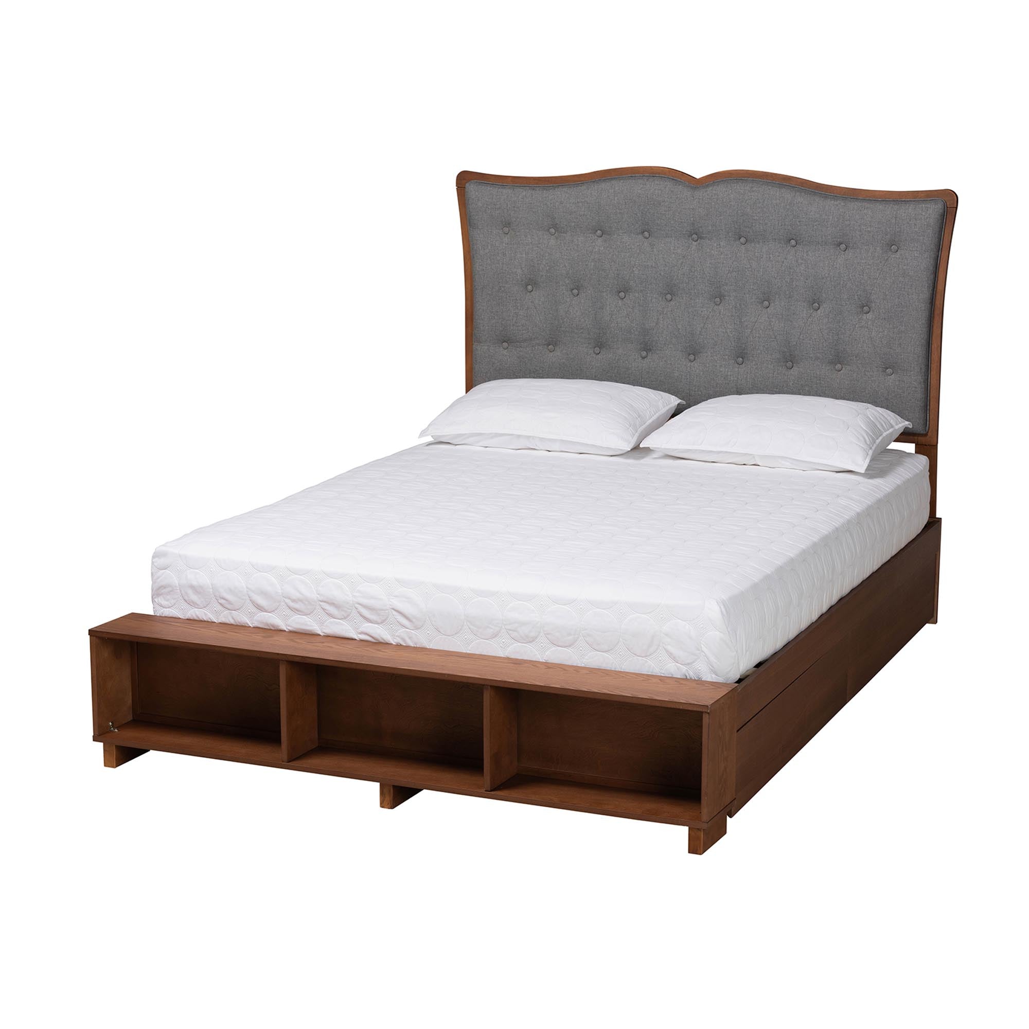 Baxton Studio Irena Classic Transitional Grey Fabric And Walnut Brown Finished Wood Queen Size Platform Storage Bed