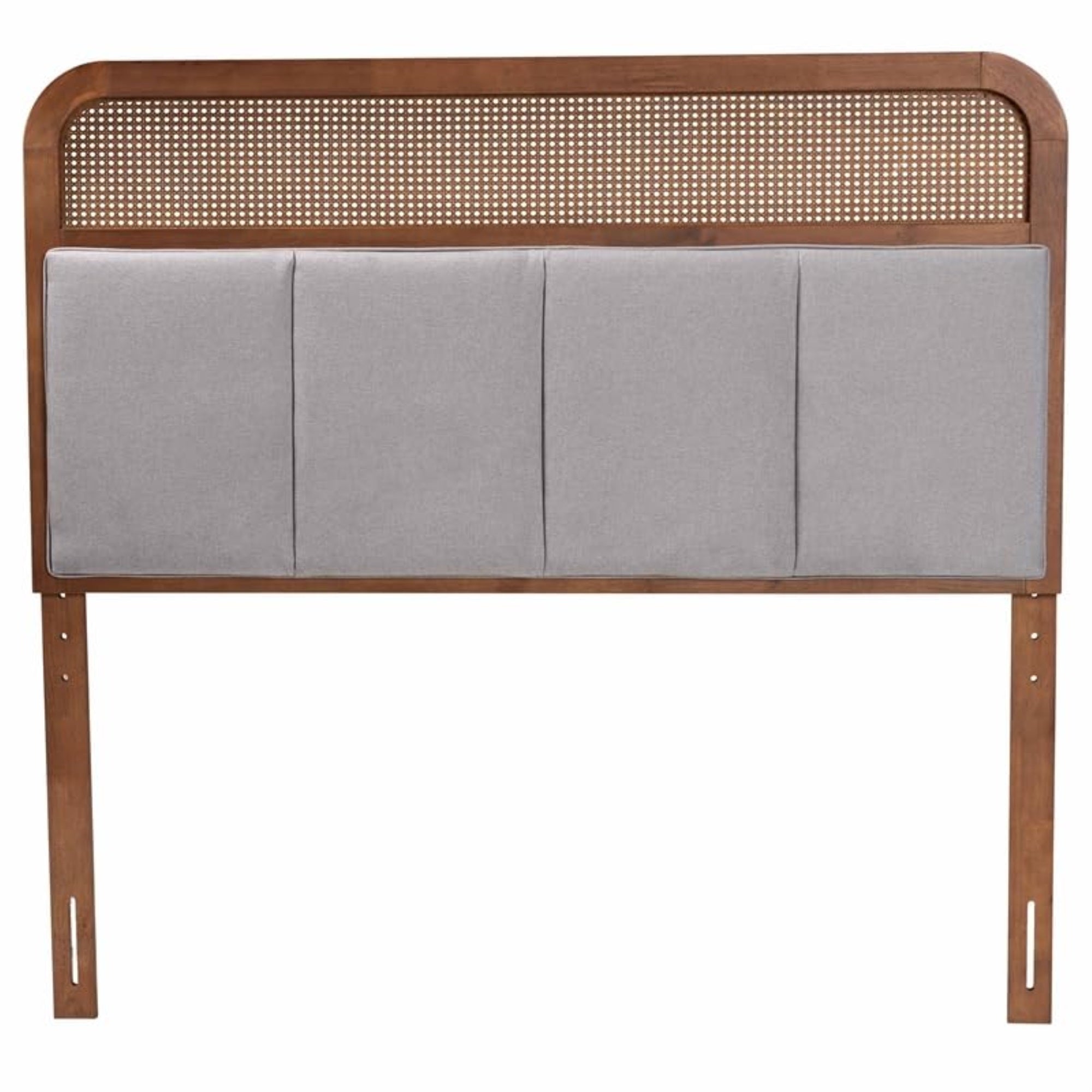 Baxton Studio Esti Mid-Century Modern Light Grey Fabric And Ash Walnut Finished Wood Queen Size Headboard With Rattan