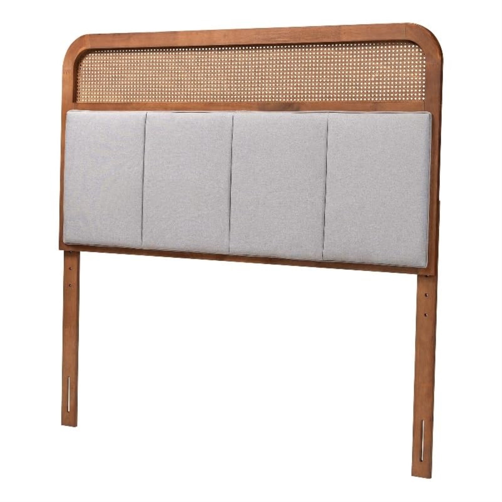 Baxton Studio Esti Mid-Century Modern Light Grey Fabric And Ash Walnut Finished Wood King Size Headboard With Rattan