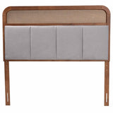 Baxton Studio Esti Mid-Century Modern Light Grey Fabric And Ash Walnut Finished Wood King Size Headboard With Rattan