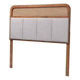 Baxton Studio Esti Mid-Century Modern Light Grey Fabric And Ash Walnut Finished Wood King Size Headboard With Rattan