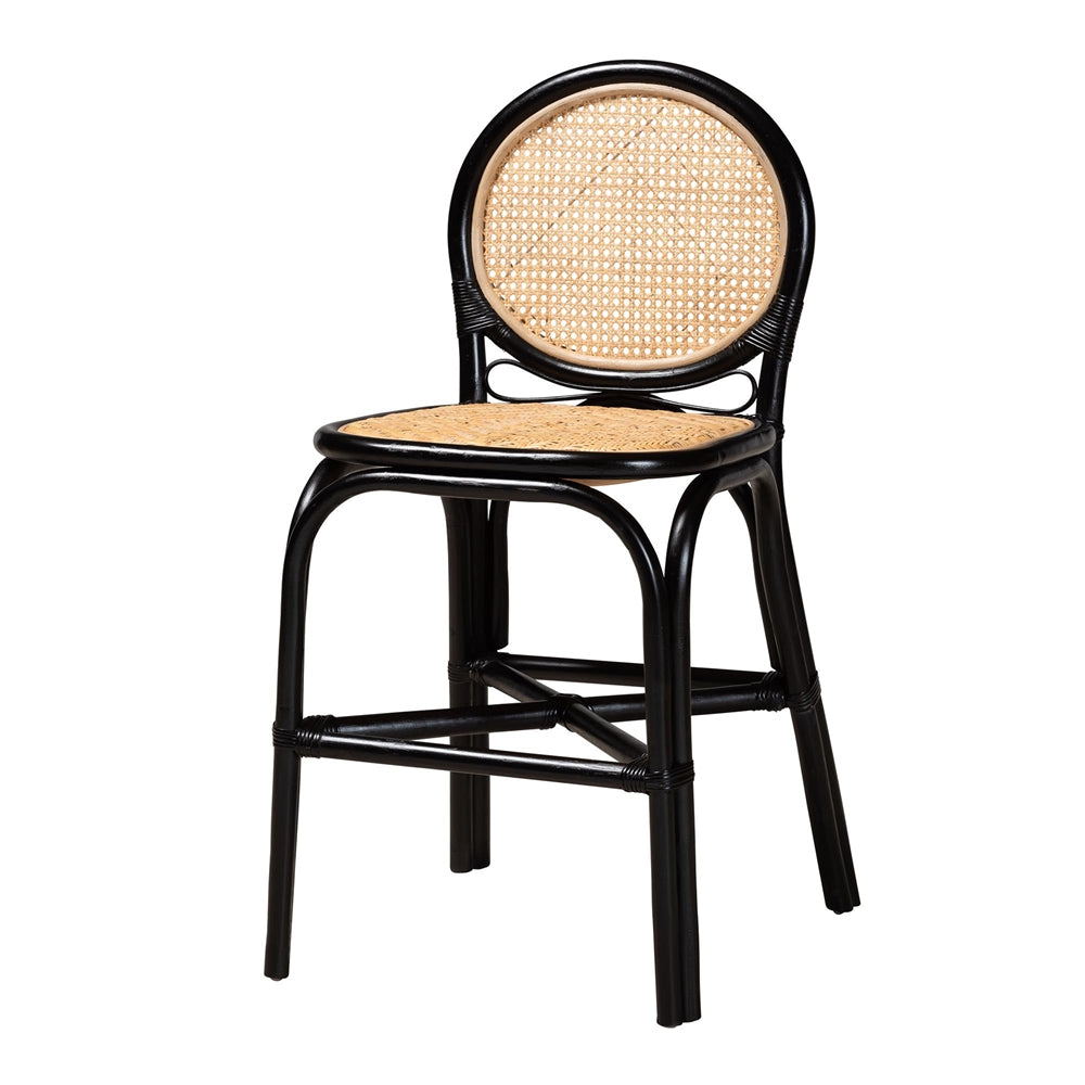 Bali & Pari Ayana Mid-Century Modern Two-Tone Black And Natural Brown Rattan Counter Stool