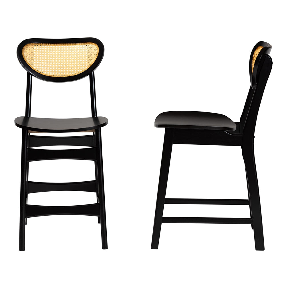 Baxton Studio Hesper Mid-Century Modern Dark Brown Finished Wood And Rattan 2-Piece Counter Stool Set