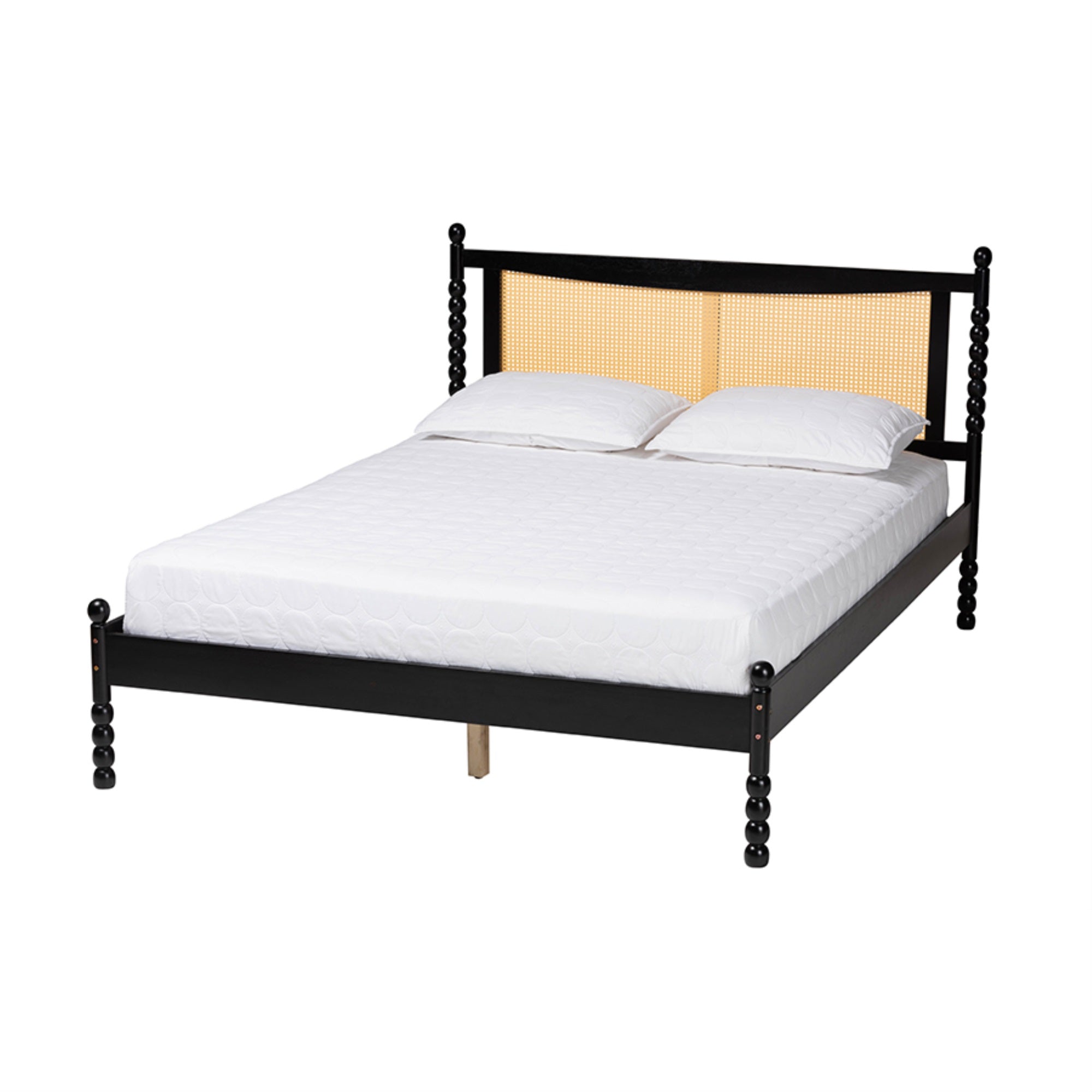 Baxton Studio Okena Mid-Century Modern Black Wood Queen Size Platform Bed With Woven Rattan