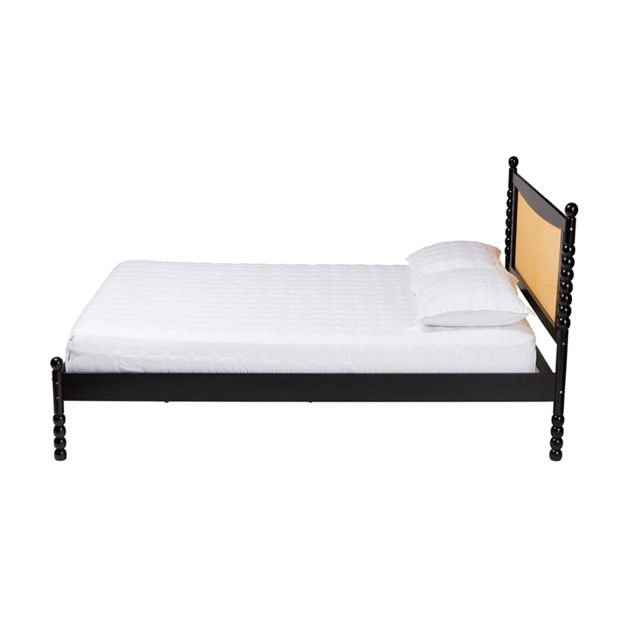 Baxton Studio Okena Mid-Century Modern Black Wood Queen Size Platform Bed With Woven Rattan