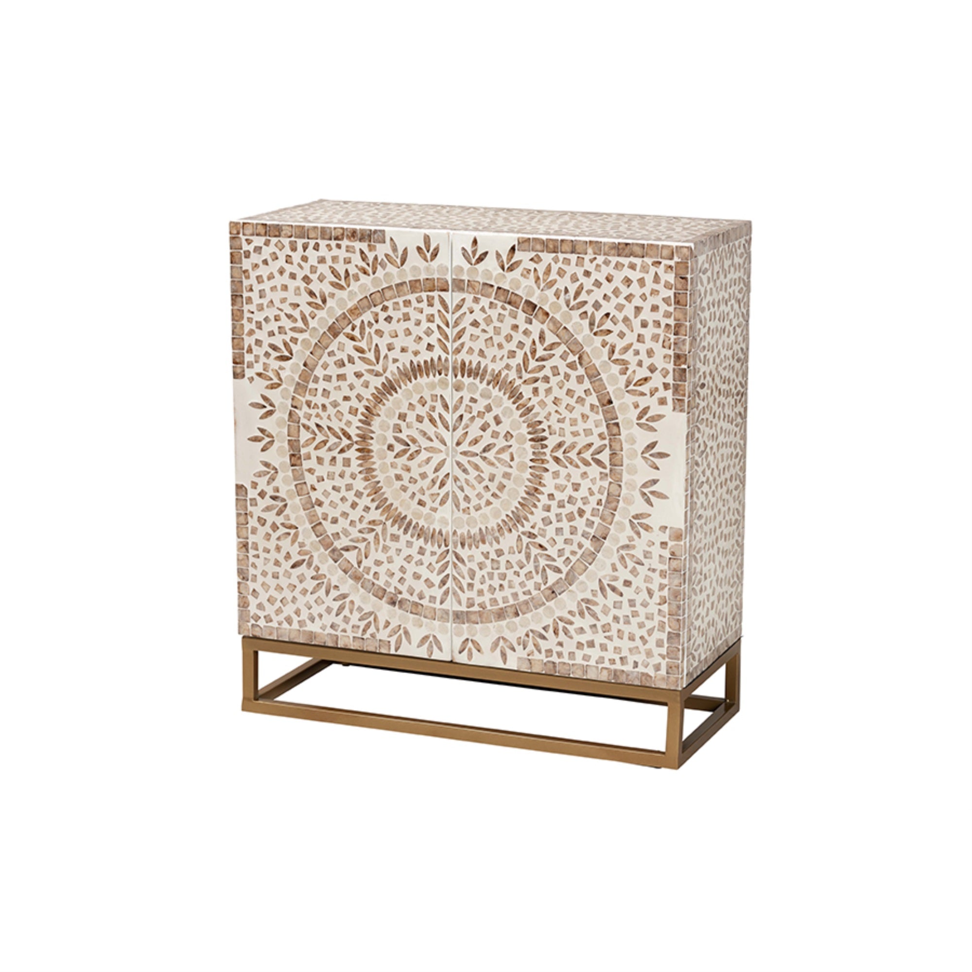 Baxton Studio Ercilia Modern Bohemian White And Rustic Brown Mother Of Pearl Storage Cabinet
