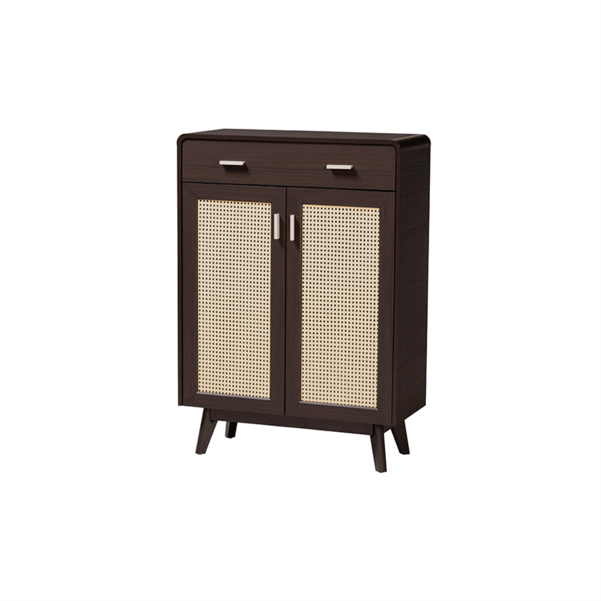 Baxton Studio Giancarlo Mid-Century Modern Espresso Brown Wood 2-Door Shoe Cabinet With Rattan Door
