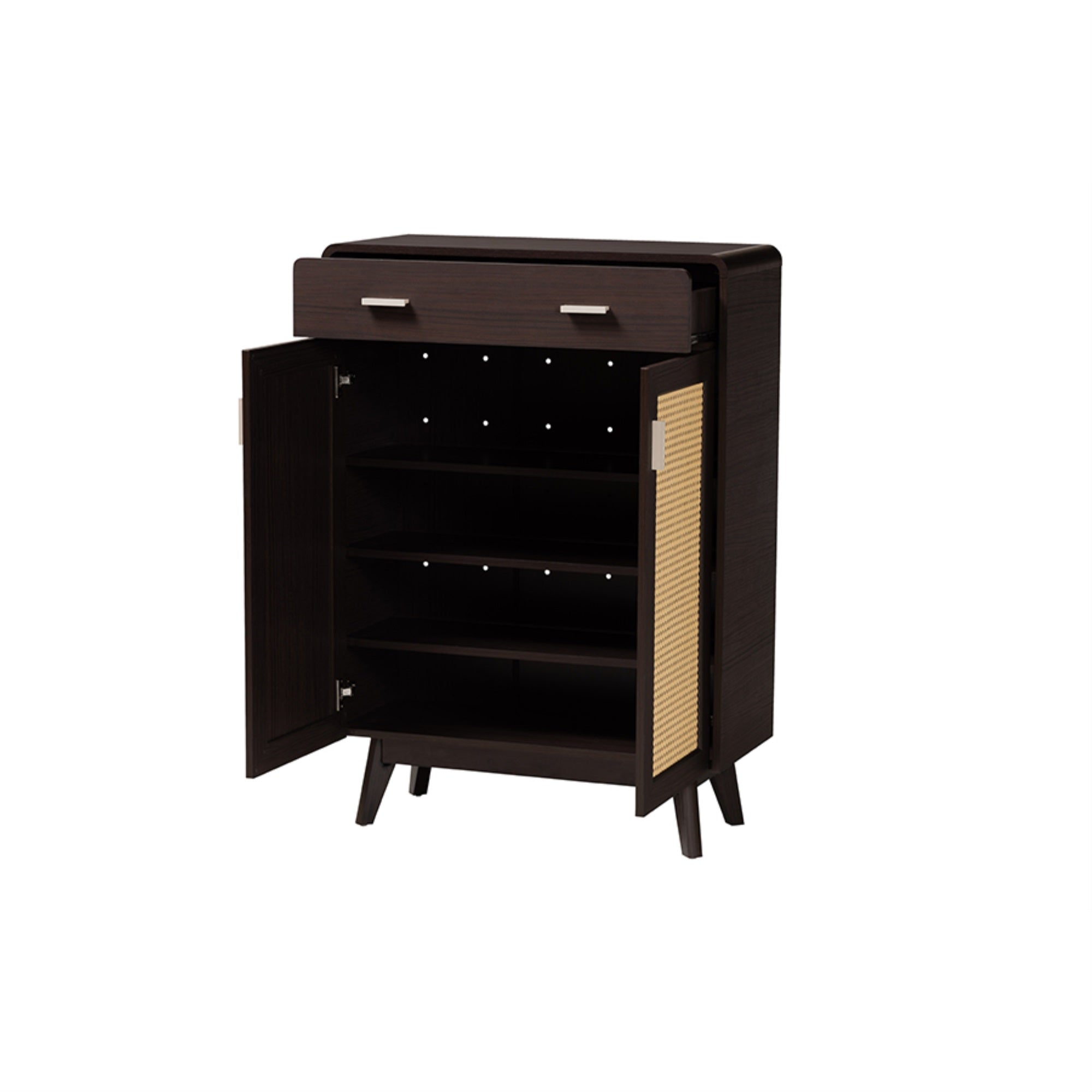 Baxton Studio Giancarlo Mid-Century Modern Espresso Brown Wood 2-Door Shoe Cabinet With Rattan Door