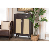 Baxton Studio Giancarlo Mid-Century Modern Espresso Brown Wood 2-Door Shoe Cabinet With Rattan Door