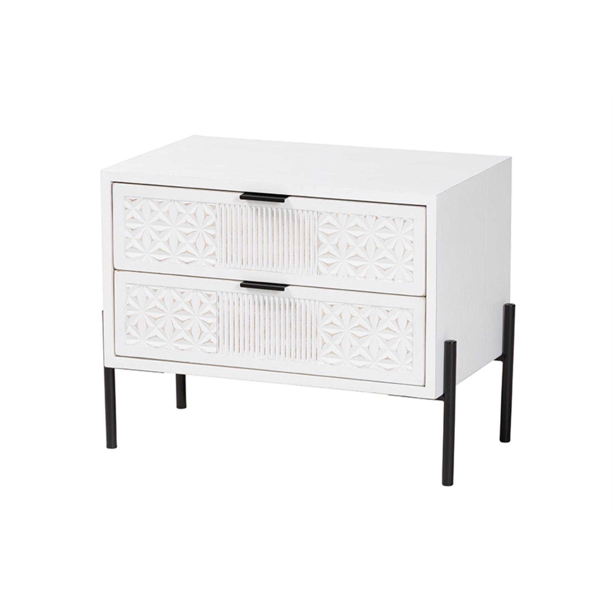 Baxton Studio Merryn Mid-Century Transitional Distressed White Finished Wood And Black Metal 2-Drawer Storage Cabinet