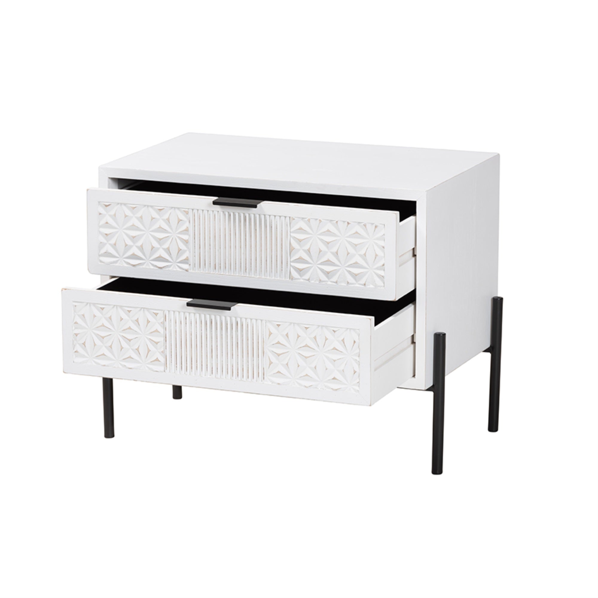 Baxton Studio Merryn Mid-Century Transitional Distressed White Finished Wood And Black Metal 2-Drawer Storage Cabinet