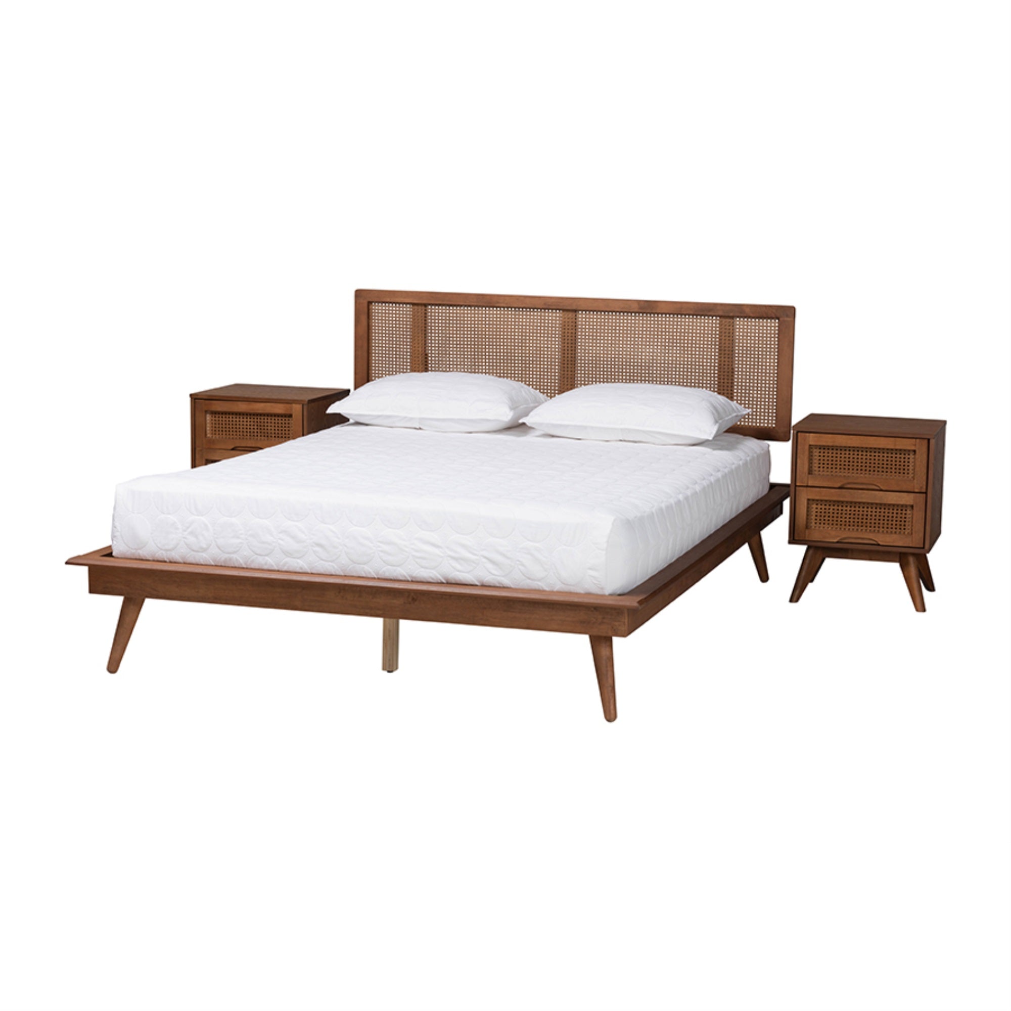 Baxton Studio Nura Mid-Century Modern Walnut Brown Finished Wood And Rattan Full Size 3-Piece Bedroom Set