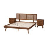 Baxton Studio Nura Mid-Century Modern Walnut Brown Finished Wood And Rattan Full Size 3-Piece Bedroom Set