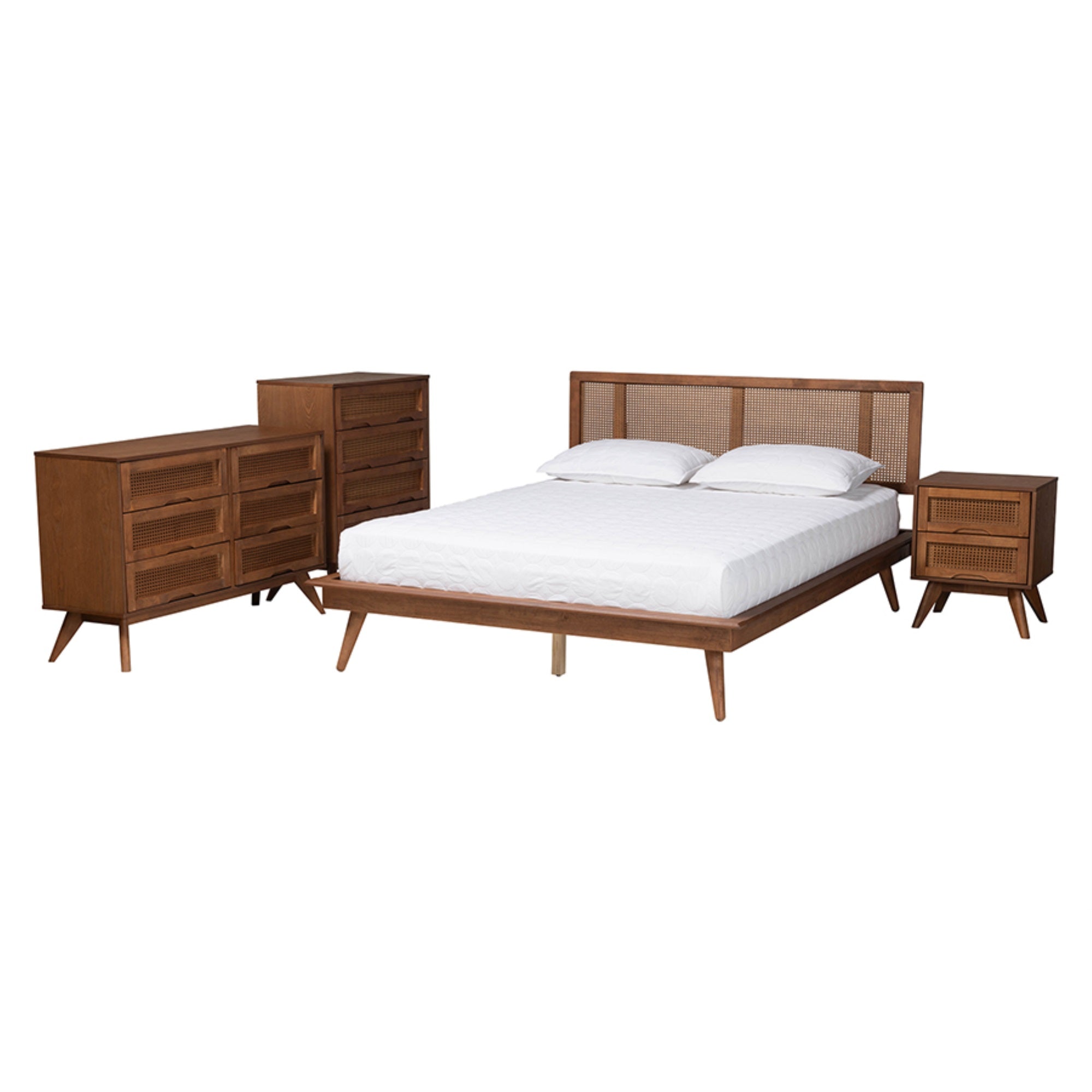 Baxton Studio Nura Mid-Century Modern Walnut Brown Finished Wood And Rattan Full Size 4-Piece Bedroom Set
