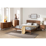 Baxton Studio Nura Mid-Century Modern Walnut Brown Finished Wood And Rattan Full Size 4-Piece Bedroom Set
