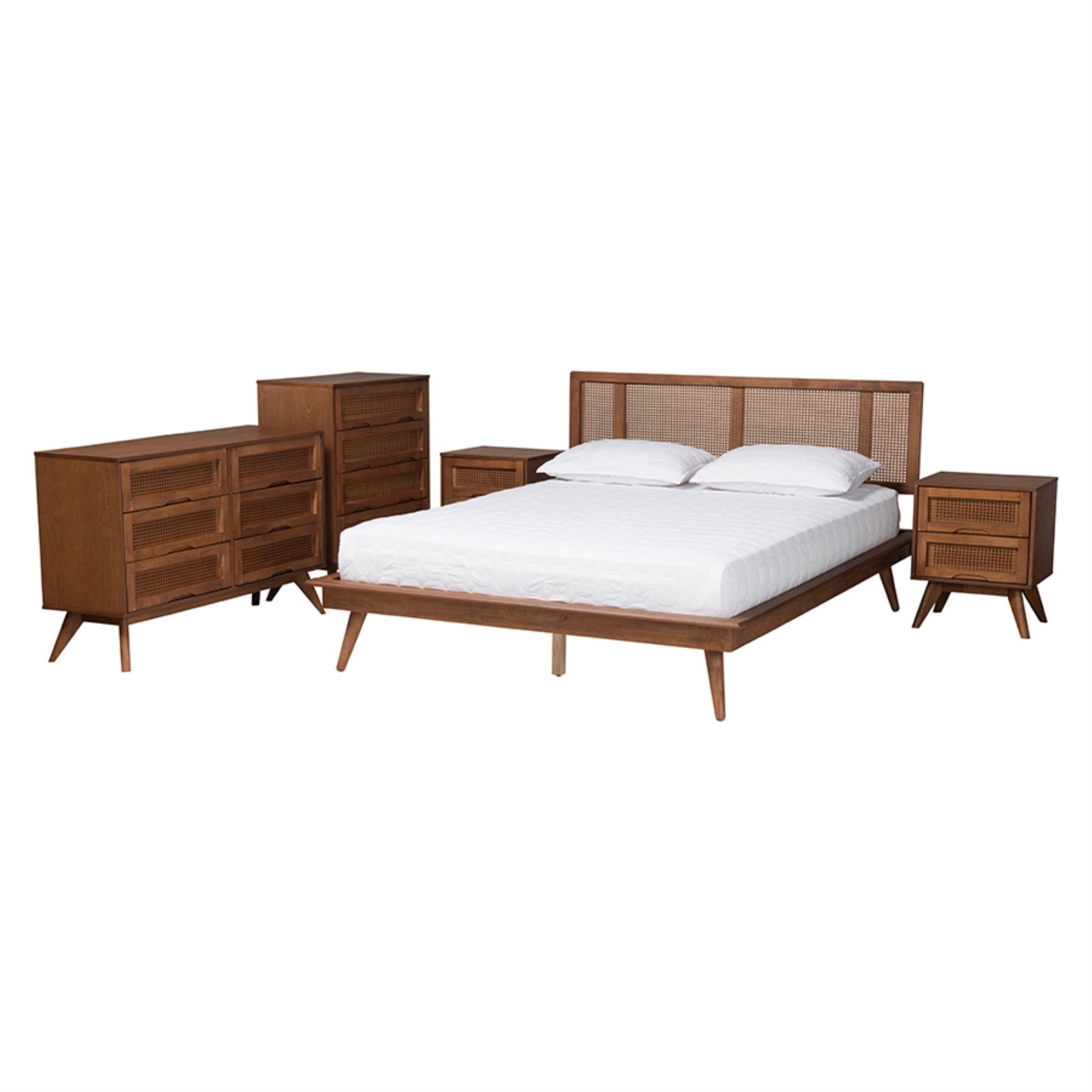 Baxton Studio Nura Mid-Century Modern Walnut Brown Finished Wood And Rattan Full Size 5-Piece Bedroom Set