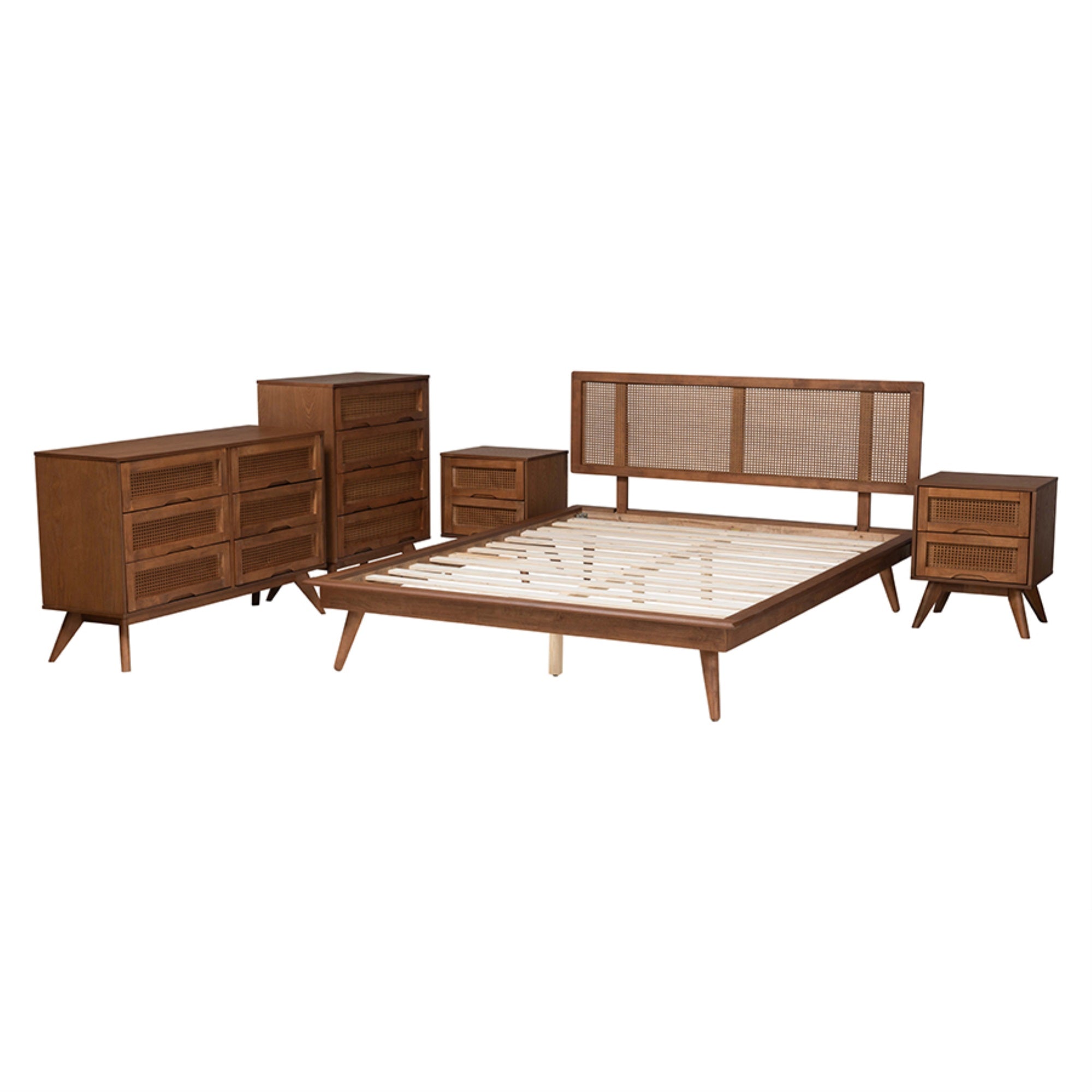 Baxton Studio Nura Mid-Century Modern Walnut Brown Finished Wood And Rattan Full Size 5-Piece Bedroom Set