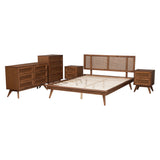 Baxton Studio Nura Mid-Century Modern Walnut Brown Finished Wood And Rattan Full Size 5-Piece Bedroom Set