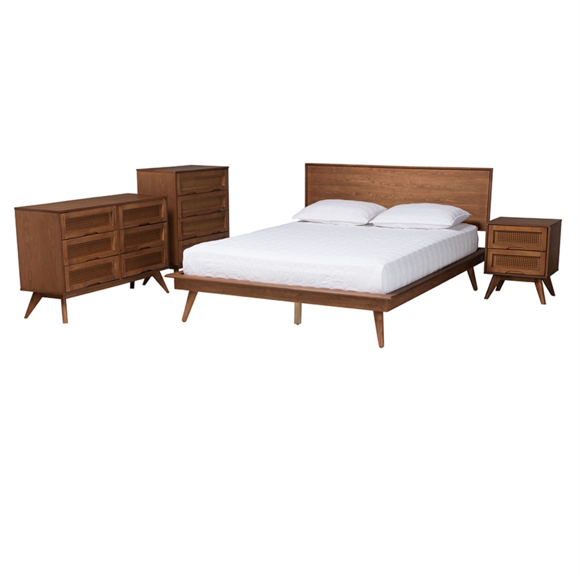 Baxton Studio Melora Mid-Century Modern Walnut Brown Finished Wood And Rattan Queen Size 4-Piece Bedroom Set