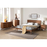 Baxton Studio Melora Mid-Century Modern Walnut Brown Finished Wood And Rattan Queen Size 4-Piece Bedroom Set