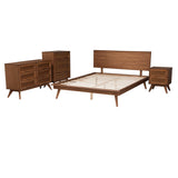 Baxton Studio Melora Mid-Century Modern Walnut Brown Finished Wood And Rattan Queen Size 4-Piece Bedroom Set
