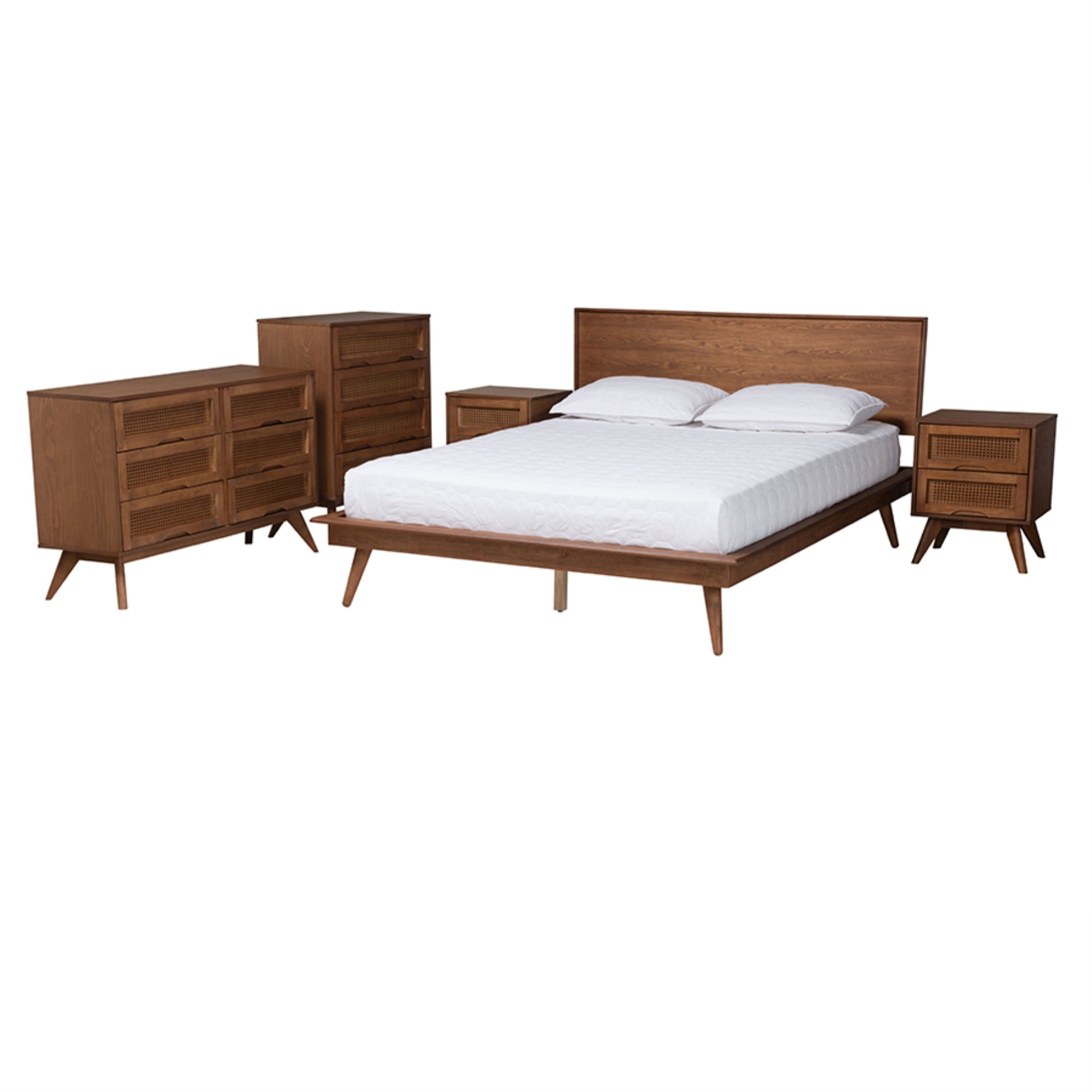 Baxton Studio Melora Mid-Century Modern Walnut Brown Finished Wood And Rattan Queen Size 5-Piece Bedroom Set