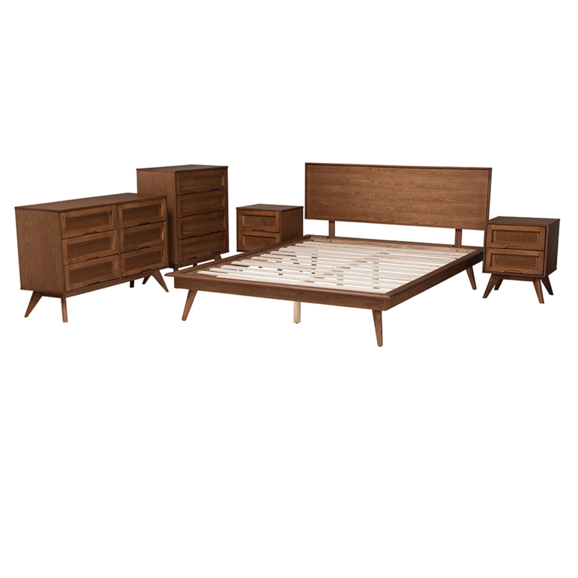 Baxton Studio Melora Mid-Century Modern Walnut Brown Finished Wood And Rattan Queen Size 5-Piece Bedroom Set