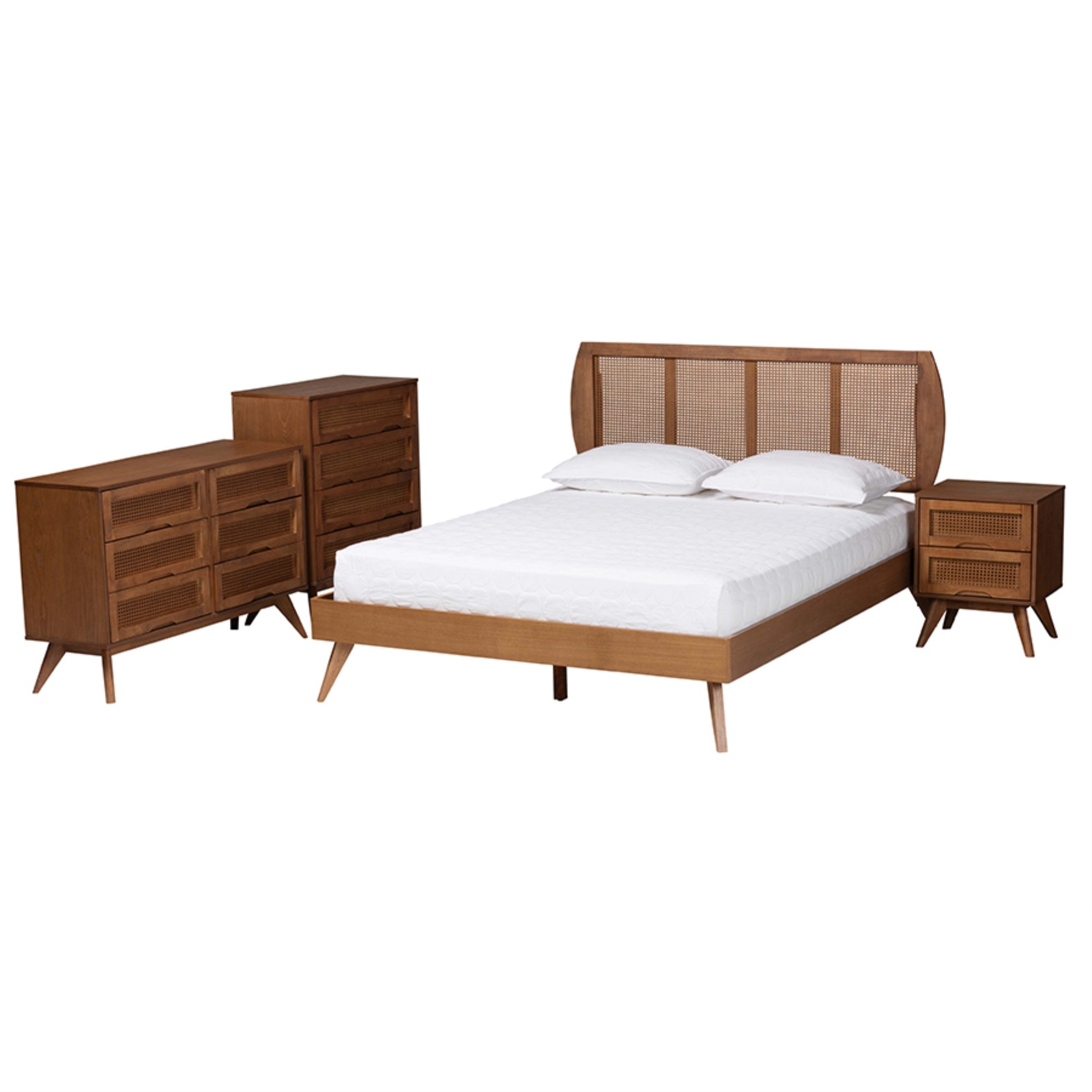 Baxton Studio Asami Mid-Century Modern Walnut Brown Finished Wood And Woven Rattan King Size 4-Piece Bedroom Set