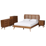 Baxton Studio Asami Mid-Century Modern Walnut Brown Finished Wood And Woven Rattan King Size 4-Piece Bedroom Set