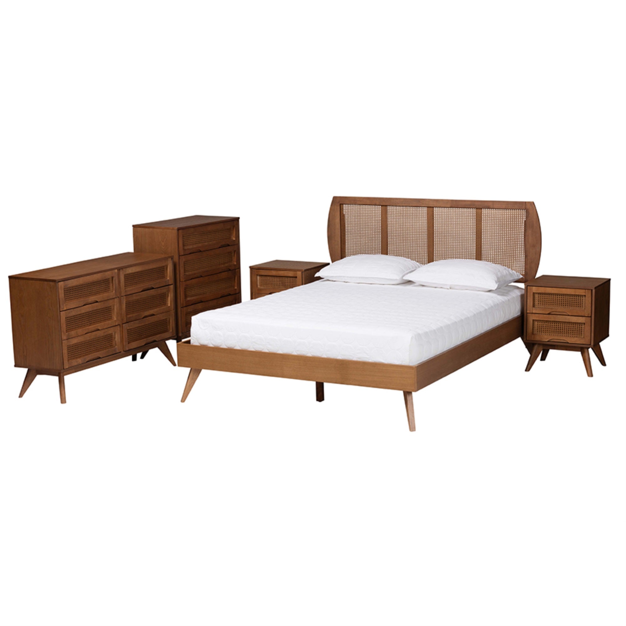 Baxton Studio Asami Mid-Century Modern Walnut Brown Finished Wood And Woven Rattan King Size 5-Piece Bedroom Set