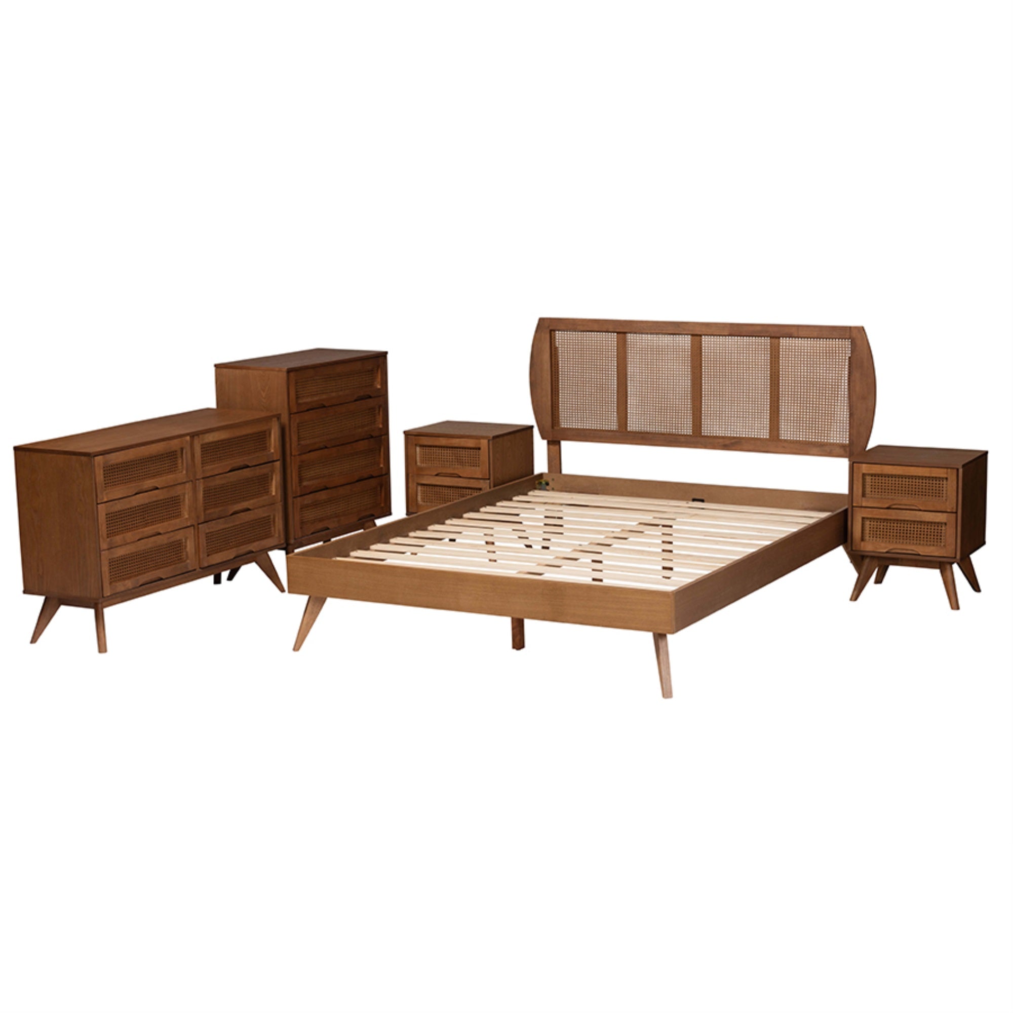 Baxton Studio Asami Mid-Century Modern Walnut Brown Finished Wood And Woven Rattan King Size 5-Piece Bedroom Set