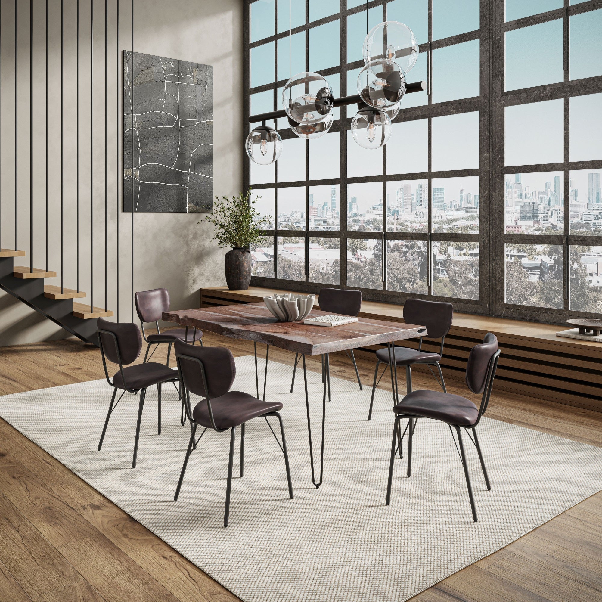 Nature'S Edge 60 Seven Piece Modern Dining Set With Upholstered Contemporary Chairs - Slate And Dark Brown