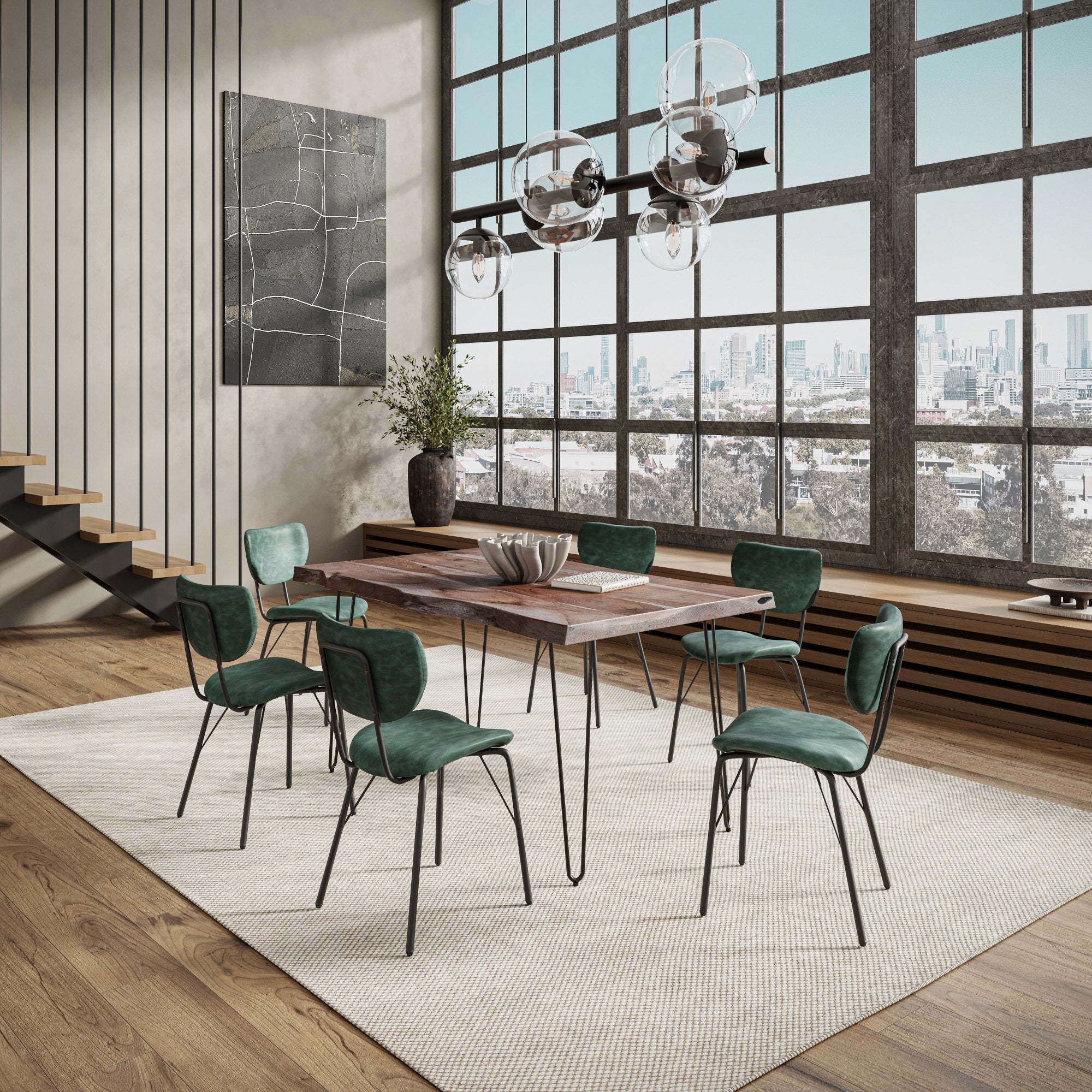 Nature'S Edge 60 Seven Piece Modern Dining Set With Upholstered Contemporary Chairs - Slate And Jade