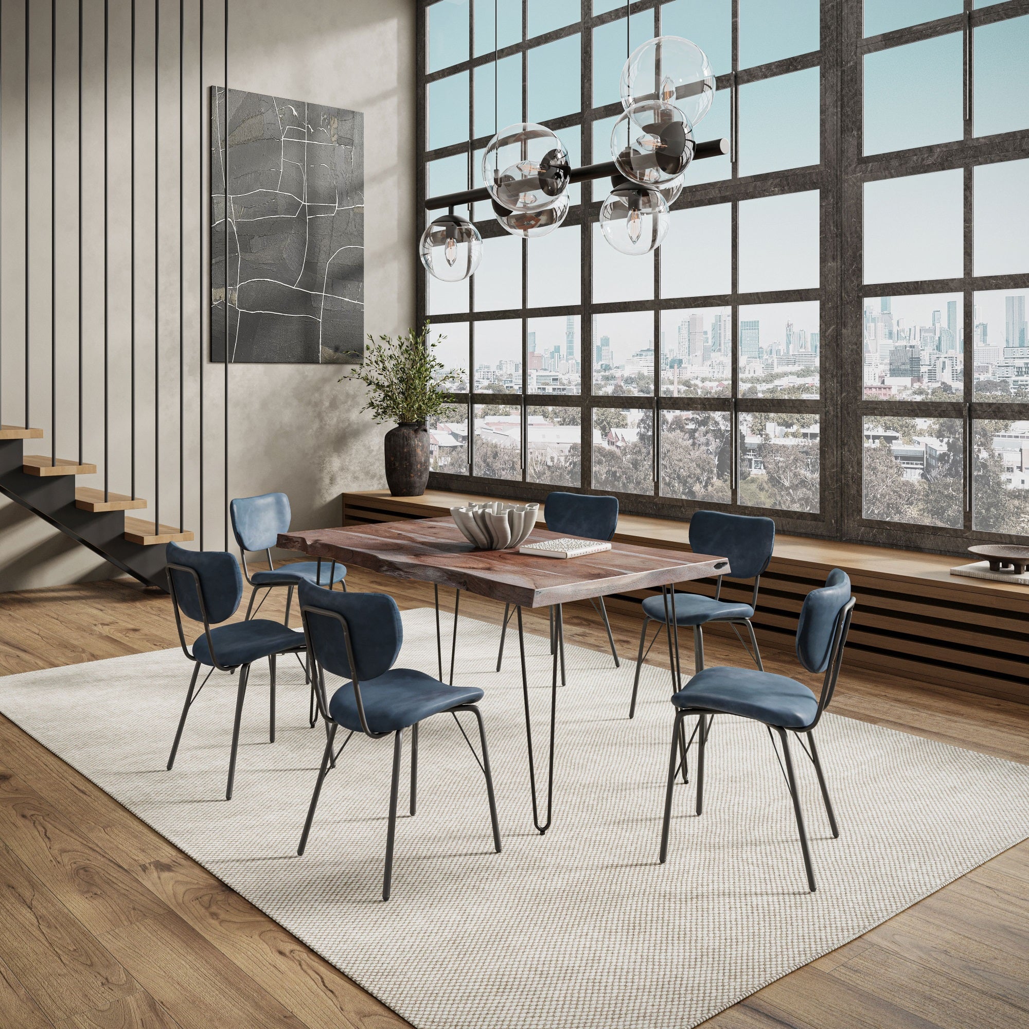 Nature'S Edge 60 Seven Piece Modern Dining Set With Upholstered Contemporary Chairs - Slate And Slate Blue