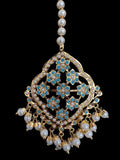 DJET91 Mehru Jadau chandbali earrings tika in turquoise/feroza pearls ( READY TO SHIP )