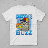 "Greetings Huzz" Lollipop Cat Meme T-Shirt - Funny Silly Brainrot Cat Tee, Viral Internet Humor Graphic Shirt, Ironic Gen Alpha Slang Fan Gift