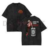 Nocturnal Saloon Pin-Up Cowgirl Graphic Tee - Vintage Acid Wash Y2K Dive Bar Shirt