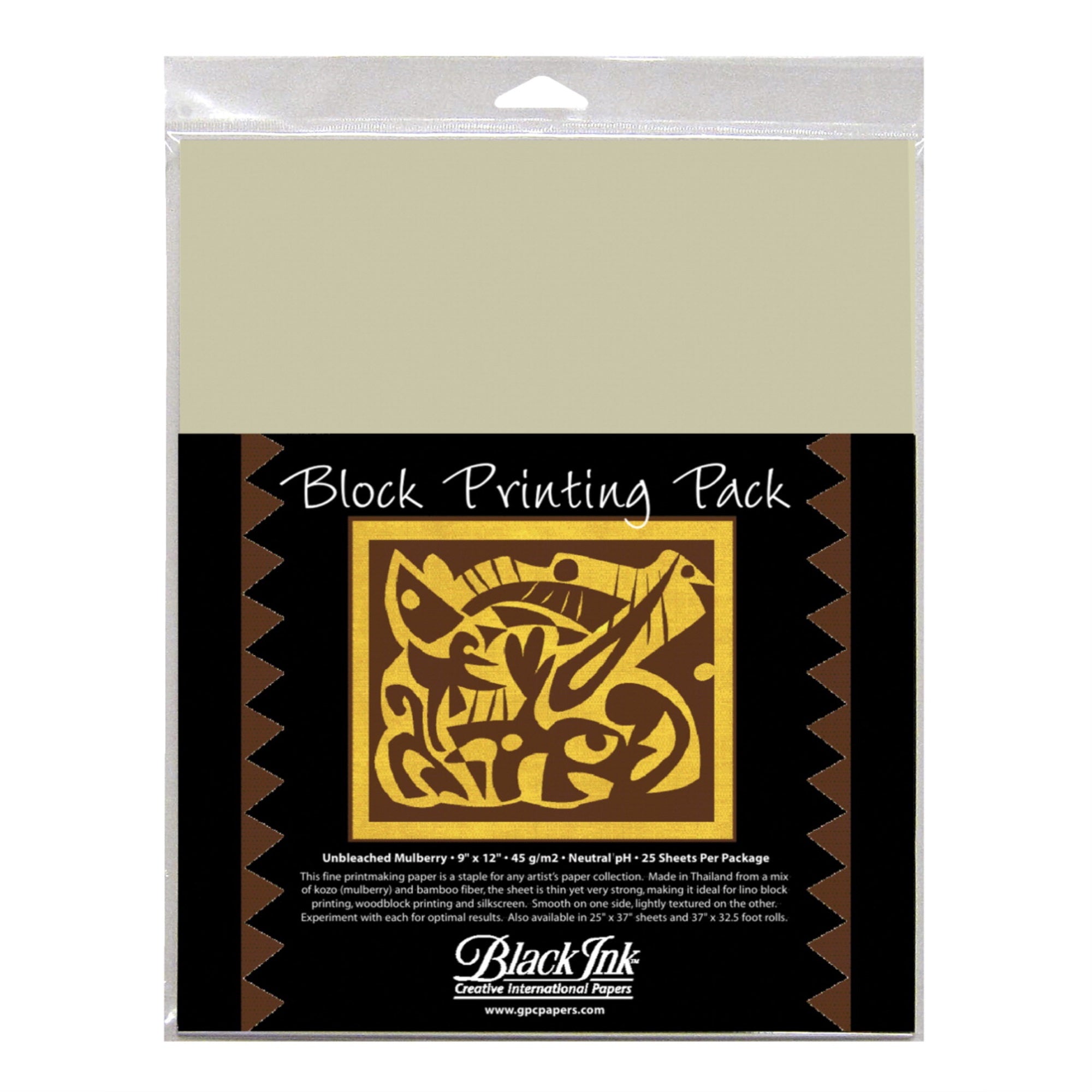 Black Ink Block Printing Paper Pack, 9 X 12 Inches, Unbleached Mulberry, 25 Sheets