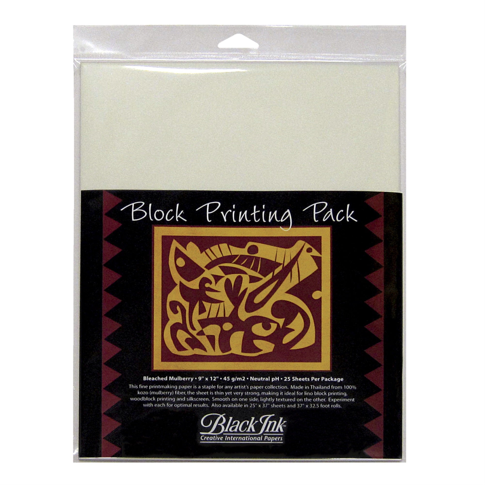 Black Ink Block Printing Paper Pack, 9 X 12 Inches, Bleached Mulberry, 25 Sheets